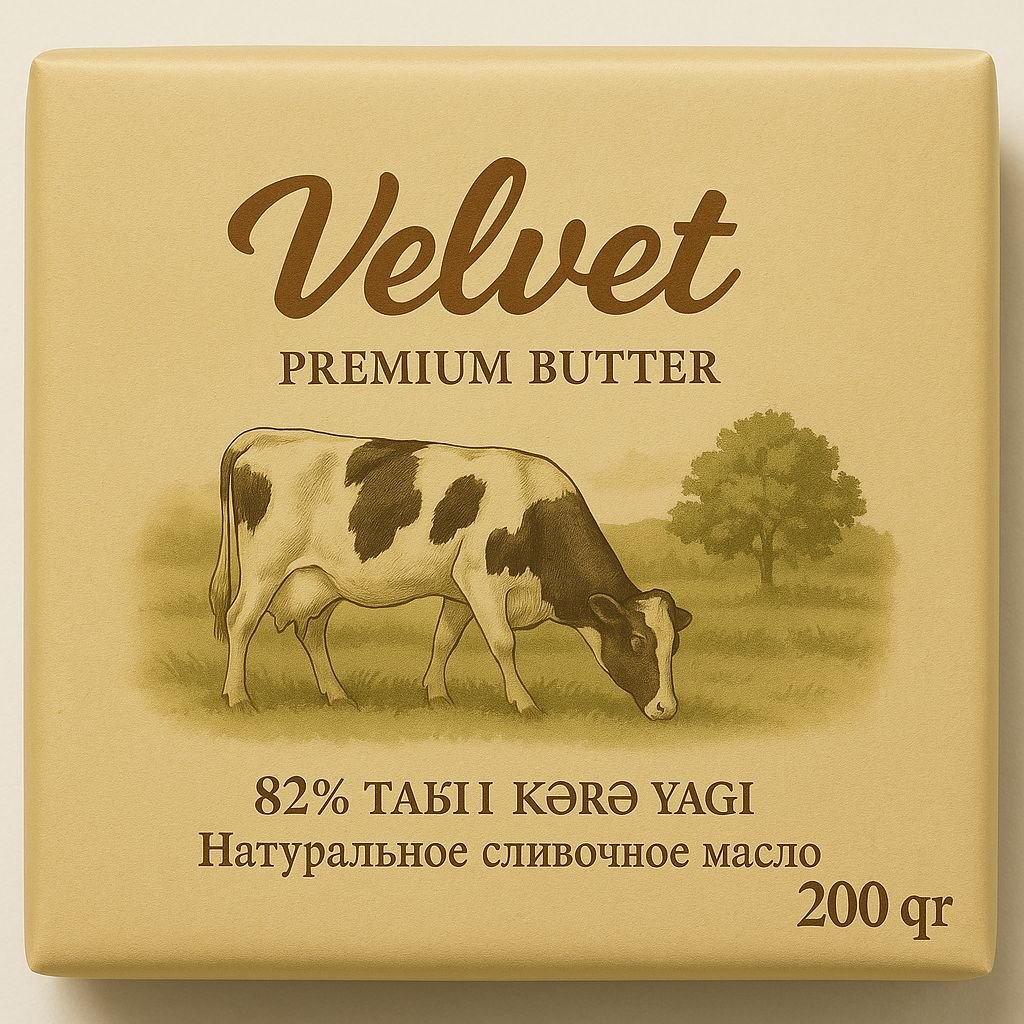 Kərə yağı istehsalı öz brendimiz (Velvet) 200qr, 500qr, 1kq, 25kq